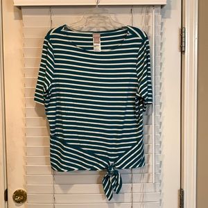 Chico’s Teal and Off White Stripe Short Sleeve Tie Top Size 2 (Large)